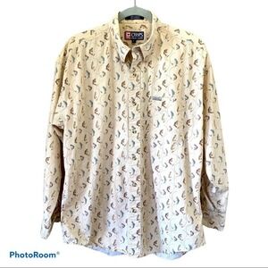 Chaps Ralph Lauren Beige Fish Fishing Button Up Shirt Sz L All Over Print Collar